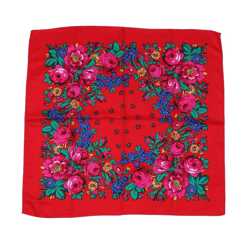 70*70 cm Russian Ethnic Scarf Square Head Hair Scarves Printed Acrylic Floral Babushka Neck Scarf for Women Girls