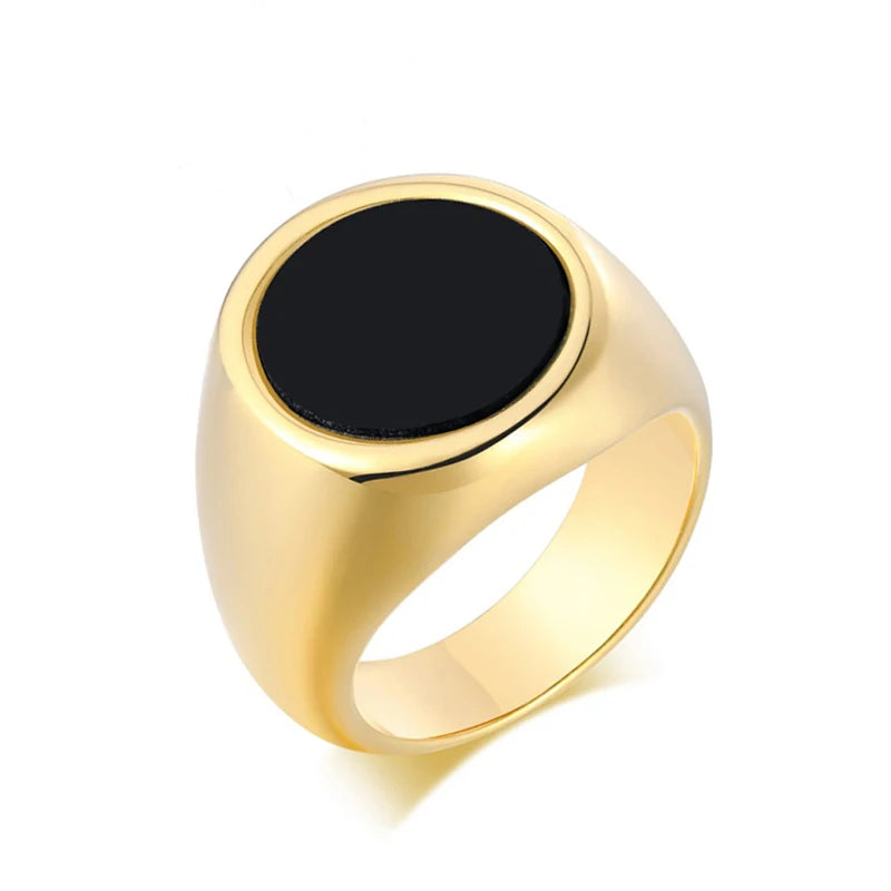 2022 Luxury 18k Gold Plated Stainless Steel Men Jewelry Fashion Big Black Stone Signet Ring for Male