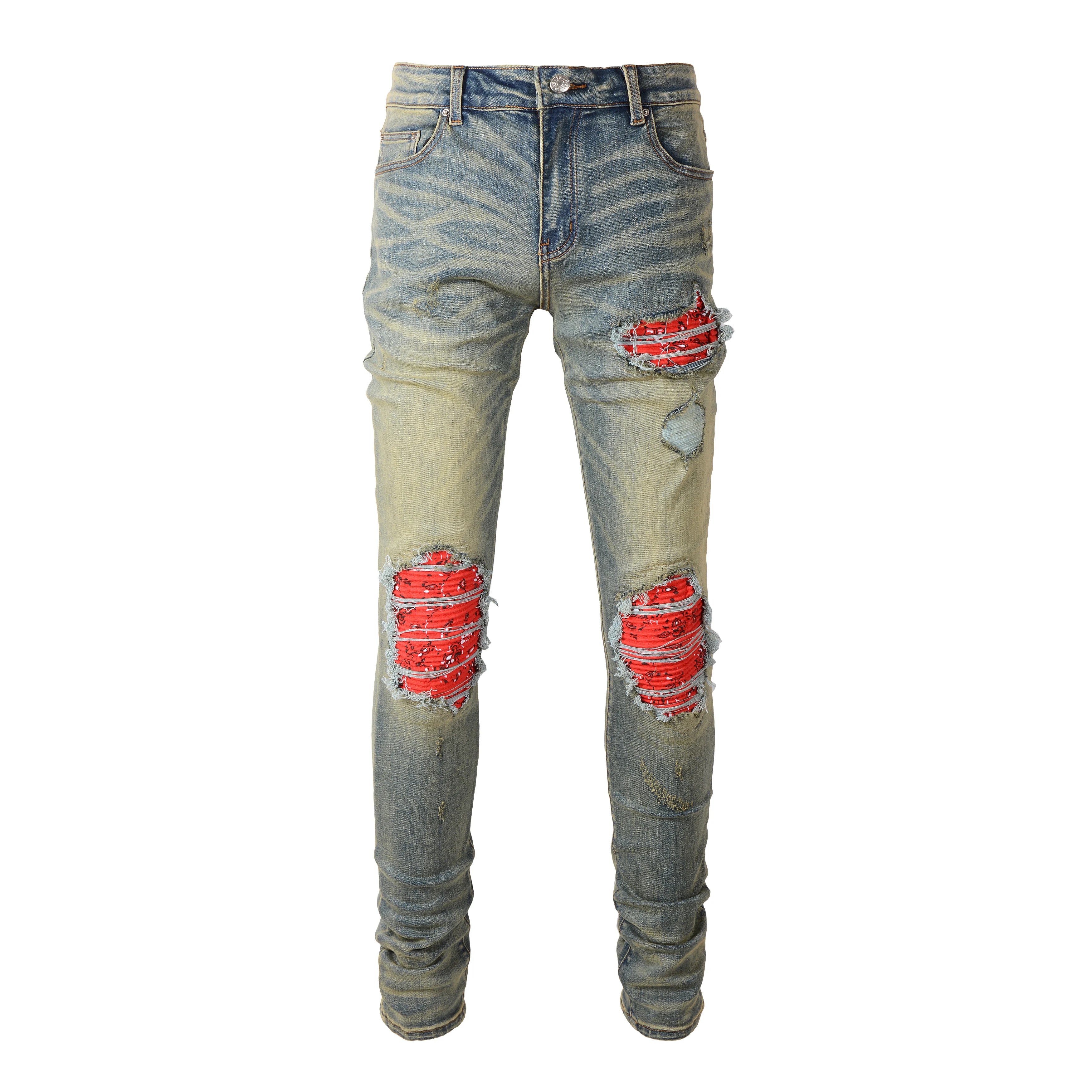 Hot Sale Vintage Blue Jeans for Men Slim Fit Denim Red Patch Distressed Damaged Button Trousers Stonewashed for Winter Boyfriend