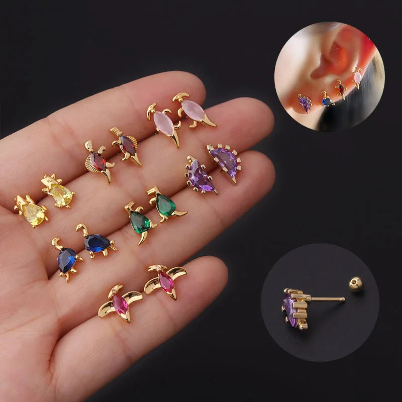 Hengsen Hypoallergenic Stainless Steel Cartilage Earrings CZ Dinosaur Animal Shape Screw Back Stud Earring Tragus Helix Piercing