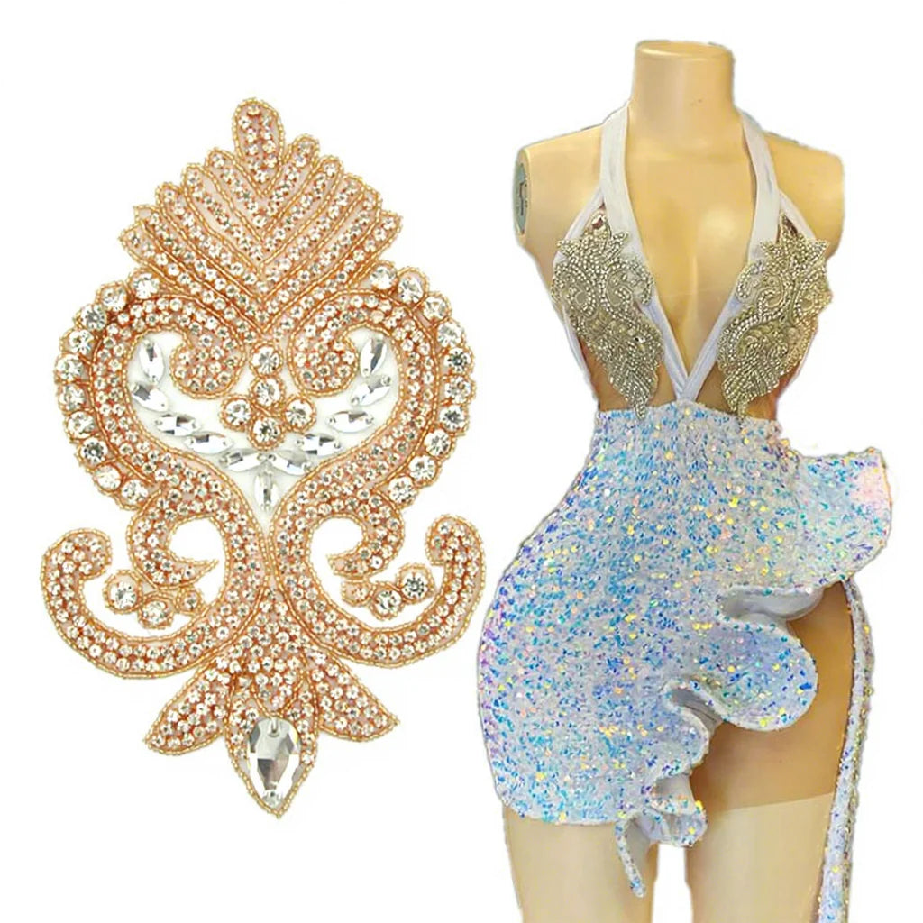 2022 Keering Iron on Large Crystal Shape Rose Golden Rhinestone Beaded Patches Applique