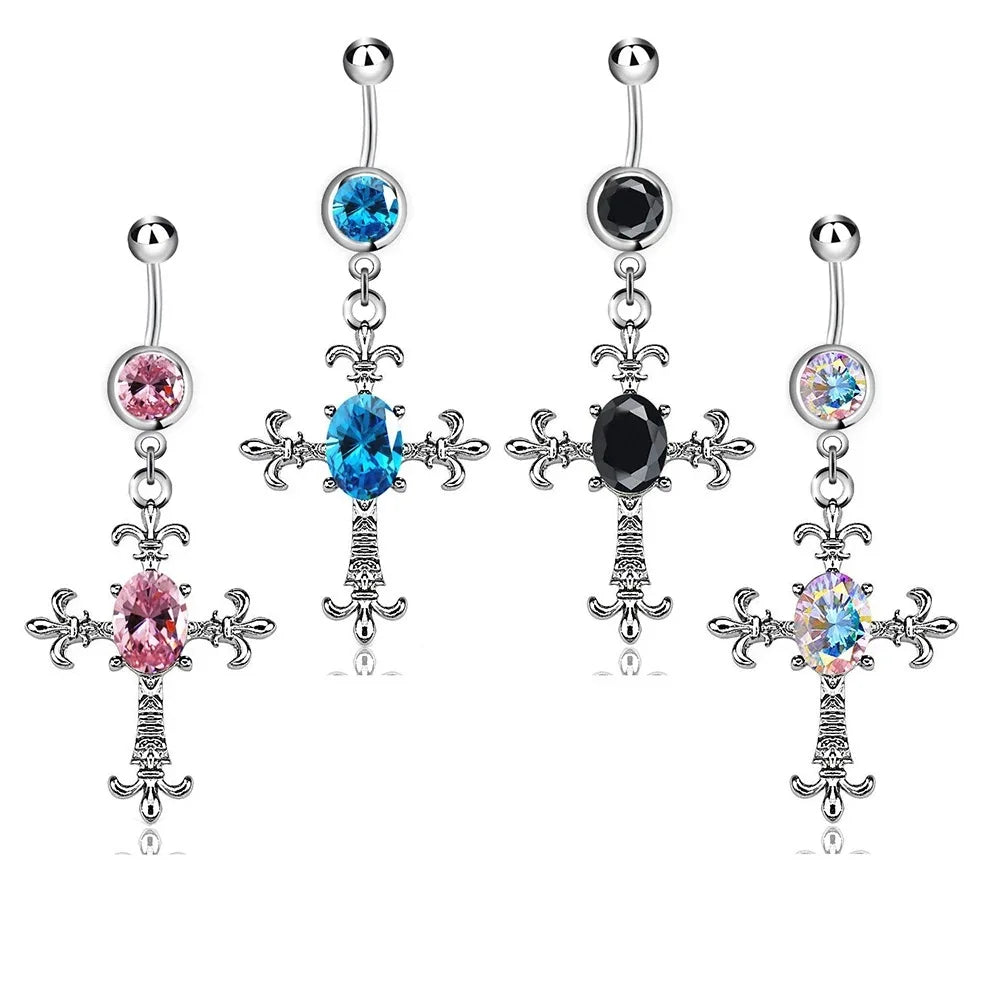 Fashion Piercing Jewelry Crystal Surgical Steel Belly Button Ring Cross Pendant Pink Rhinestone Navel Belly Piercing Ring
