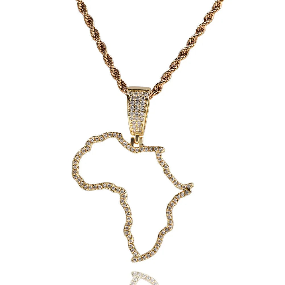 Men's Hip Hop Trendy Gold Silver Rose Gold Rope Chain Necklace Iced CZ Diamond Hollow African Map Pendant Zircon