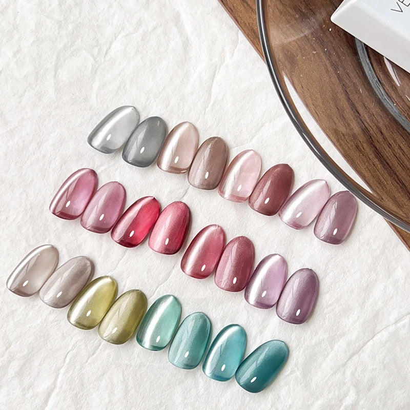 Vendeeni Unique Effect Magnetic Moonlight Cat Eye Nail Gel Polish Set ODM Custom 9colors Glass Beads Cat Eye Gel Polish Set