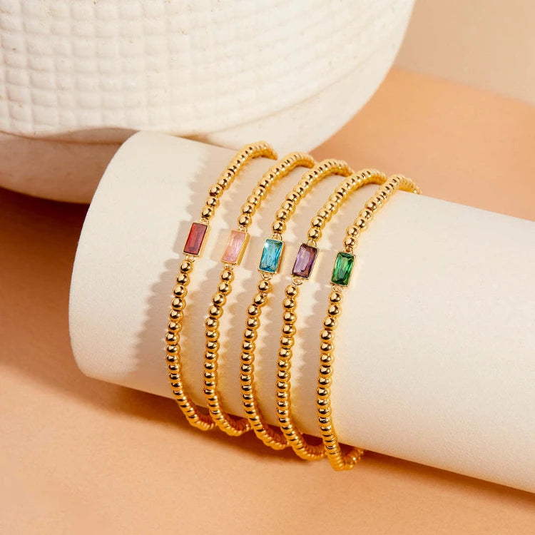X157 Wholesale PVD 18k Gold Plated Stainless Steel 12 Birthstone Charm Bracelet Minimalist Beaded Chain Jewelry for Women