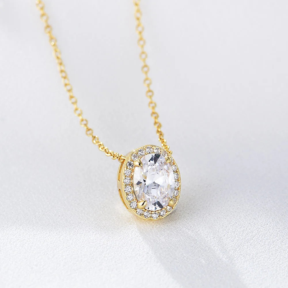 Minimalist 925 Sterling Silver Bridal Wedding Jewelry Cubic Zirconia  Diamond Oval Pendant Necklace for Woman