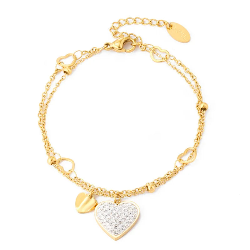 Stainless Steel Bracelet Wholesale Gold Plated Pave Heart Pendant Layered Link Chain with Heart Charm Women Bracelets