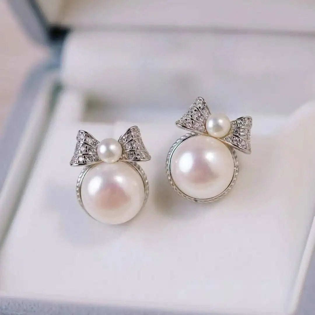 Double Bead Bow Earrings S925 Silver Needle Anti Allergy Earrings 3-9MM Natural Freshwater Bread Pearl Earrings for Girls