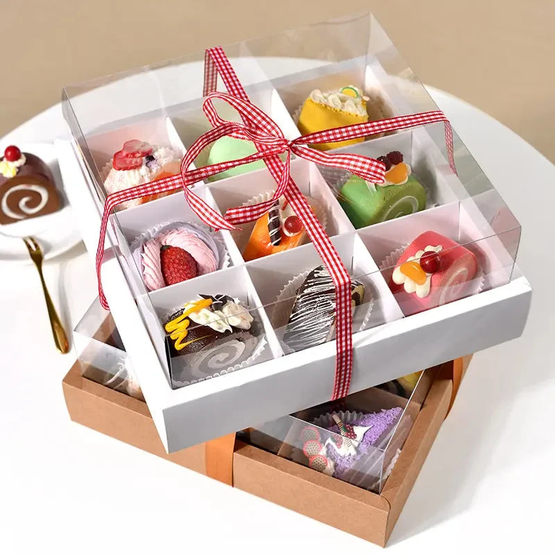 Wholesale Elevated Transparent Nine-grid White Kraft Dessert Cake Box Packing Gift Box with Lid