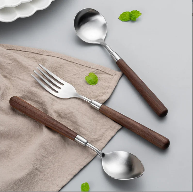 Eco-Friendly Wooden and Stainless Steel Cutlery Spoon and Fork