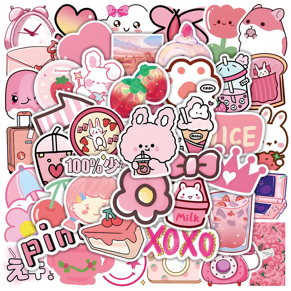 60Pcs Kawaii Pink Girl Scrapbook Album Decor Graffiti Stickers for Laptop Bottle Birthday Gift DIY Label