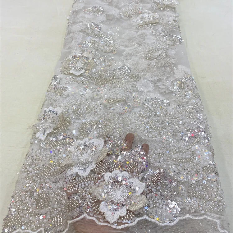 Luxury White Bridal Lace Fabric With Sequins Embroidery Flower Beaded Lace Fabric Net Tulle Wedding Fabrics