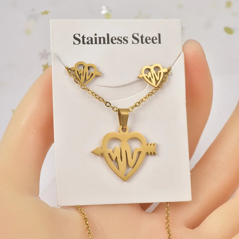 Rinhoo Gold Plated Stainless Steel Necklace Crown Star Heart Beat I Love U Women Men Personality Necklace Earring Jewelry Set