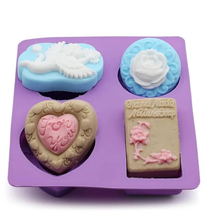 BPA Free Easy Release Homemade 4 Cavity Different Shapes Heart/Flower /Angle Shaped Candle Making Mold and Silicone Soap Mold MegaBDM