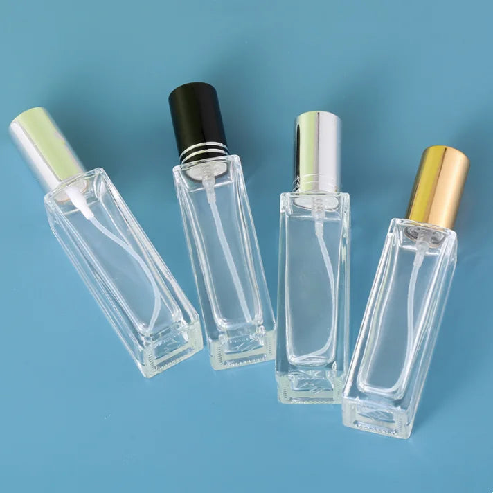 Empty Rectangle Fine Mist Cosmetic Packaging 20ml Black Silver Golden Lid Glass Perfume Spray Bottle