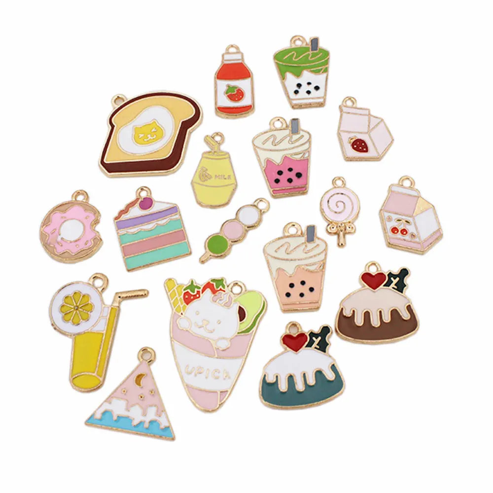 100pcsCute Food Enamel Charms Lollipop Drink Cake Milk Hamburger Donut Pendant for Necklace Bracelet DIY Fashion Jewelry Finding