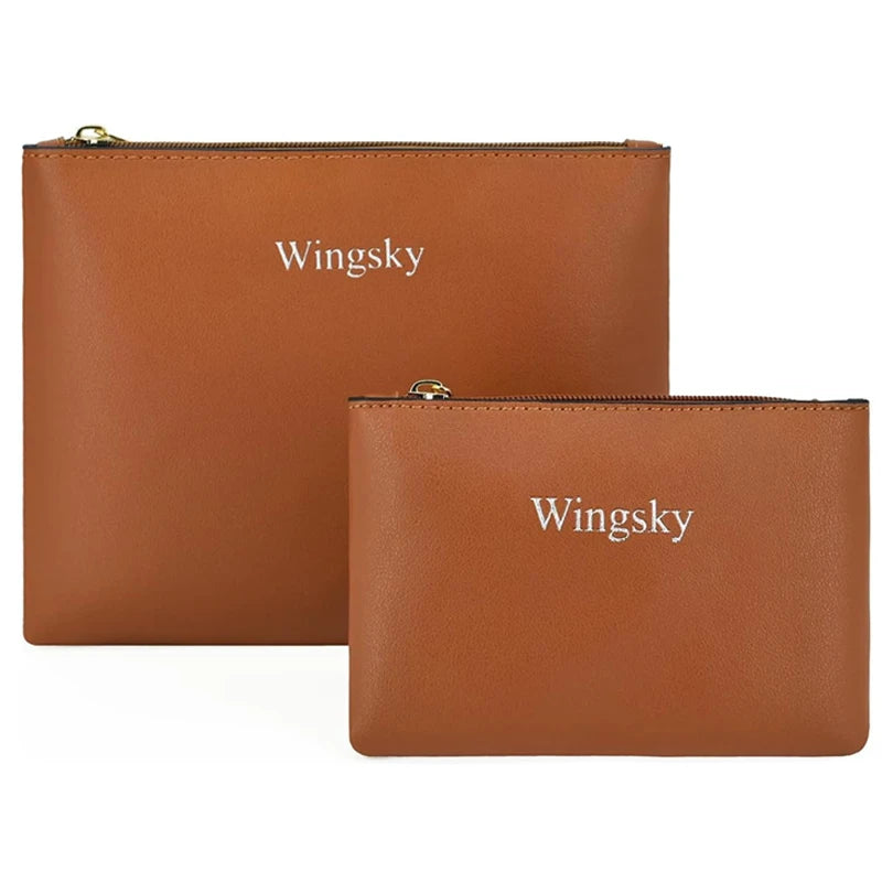 Customized Durable Portable Fashion Brown for White Small Pu Leather Letter Pattern Cover Closure Makeup Cosmetic Pouch Bag