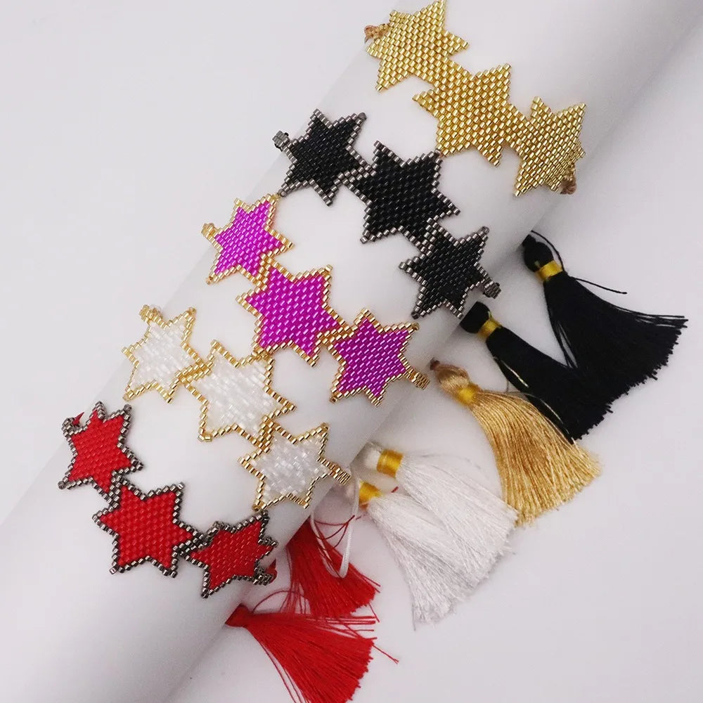 Handmade Bohemian Six-Pointed Star Woven Bracelet for Women Adjustable Miyuki Crystal Beads Pearl Bracelet Anniversary Gift