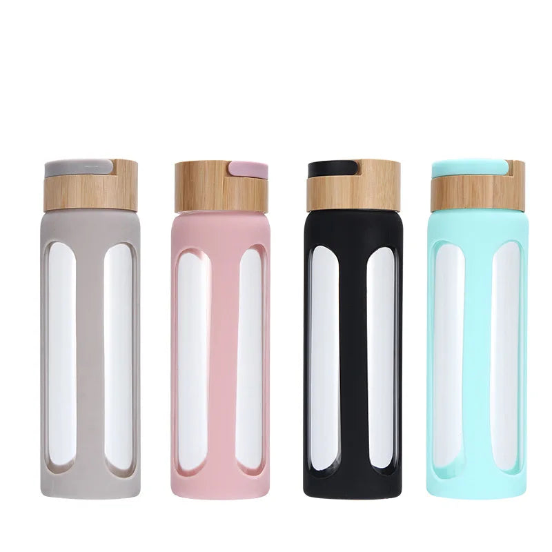 Customize 16oz 500ml Food Grade Reusable Environmental Silicone Sleeve Glass Water Bottle Bamboo Screw Lid Dishwasher Microwave
