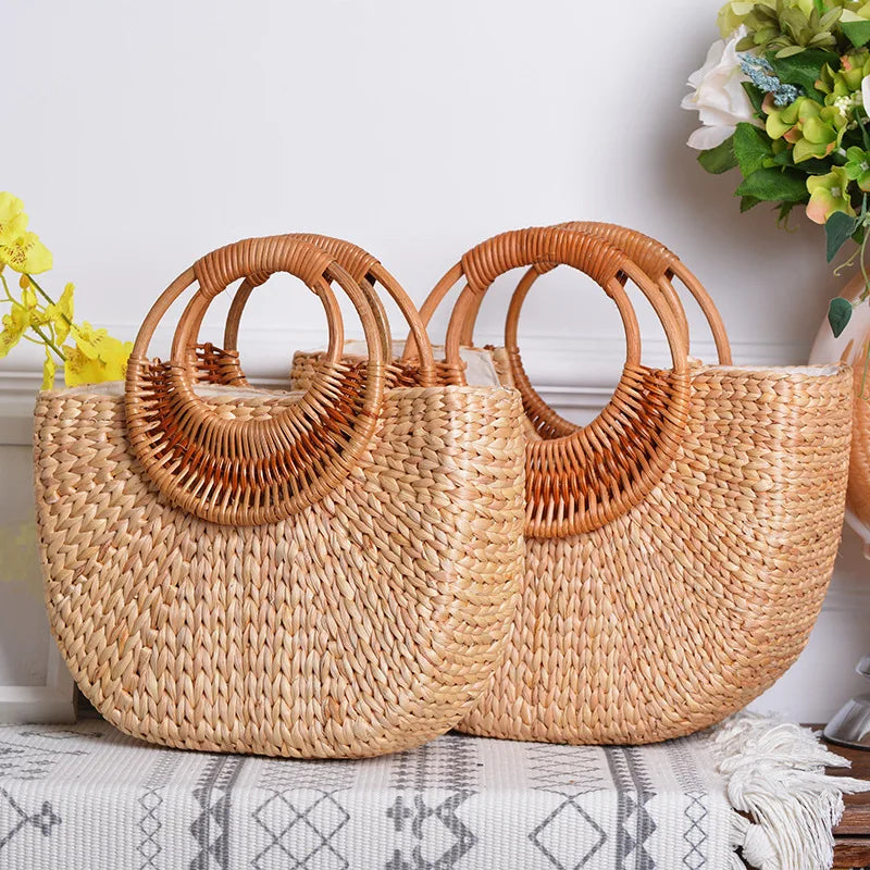 Wholesale Handmade Summer Half Moon Shape Rattan Straw Bag New Water Hyacinth Tote with Two Handles and Letter Decoration