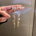 Wholesale Fashion Luxury Crystal Pearl Beads Rhinestone Bow Butterfly Long Tassels 925 Pin Crystal Fashion Earrings Jewelry