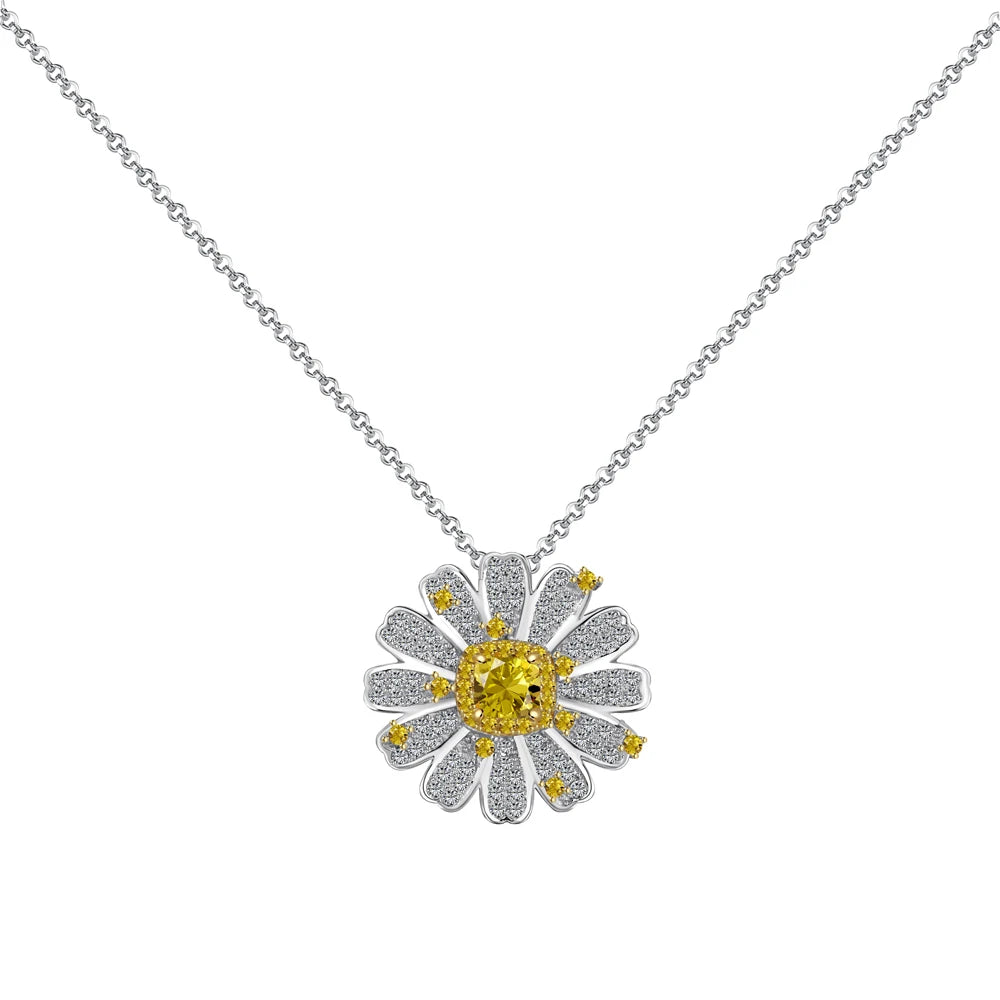 Dylam Sparkling 925 Sterling Silver Rhodium Plated Crushed Iced Cut 8A Cubic Zirconia Chrysanthemum Daisy Pendant Necklace