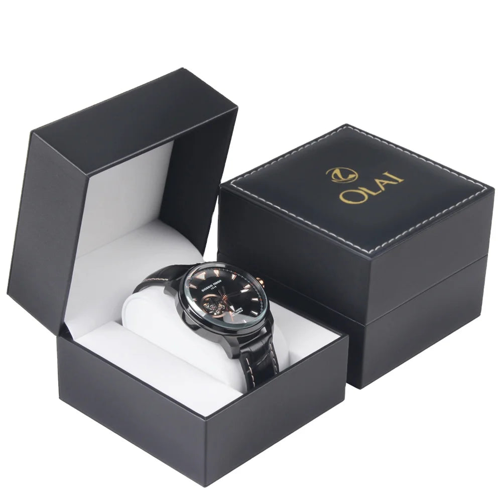 Custom Design Single Black Pu Leather Men Watch Box High Grade PU Leather Watch Jewelry Packing Box with White String