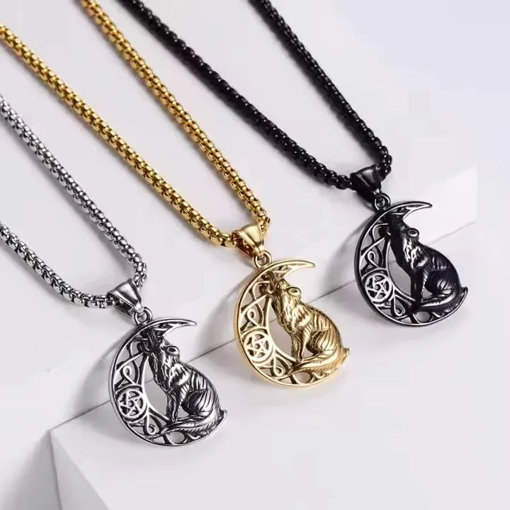 Celtic Knot Hollow Star Moon Pendant Stainless Steel Norse Viking Jewelry Scandinavian Wolf Necklace Men