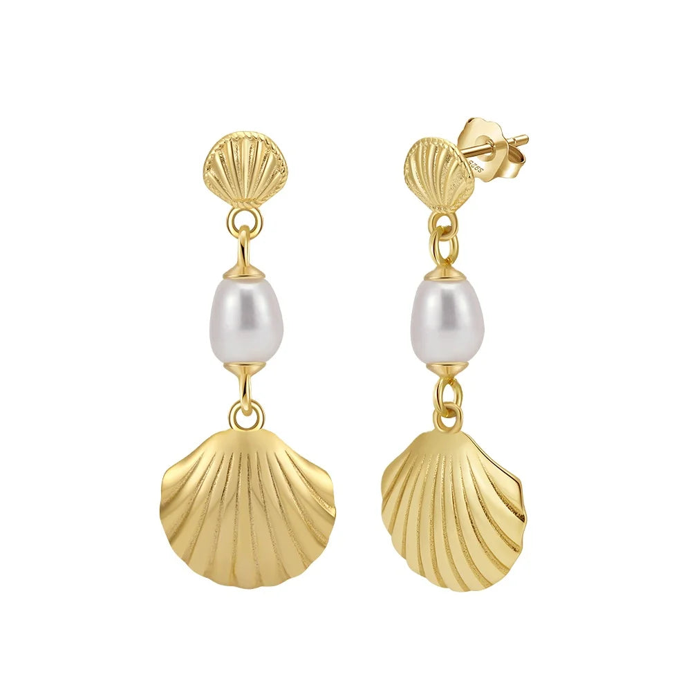 Rinntin GPE114 Bohemian Style Luxury Shell Shape 925 Silver Pendant with Freshwater Pearl 925 Sterling Silver Drop Earrings