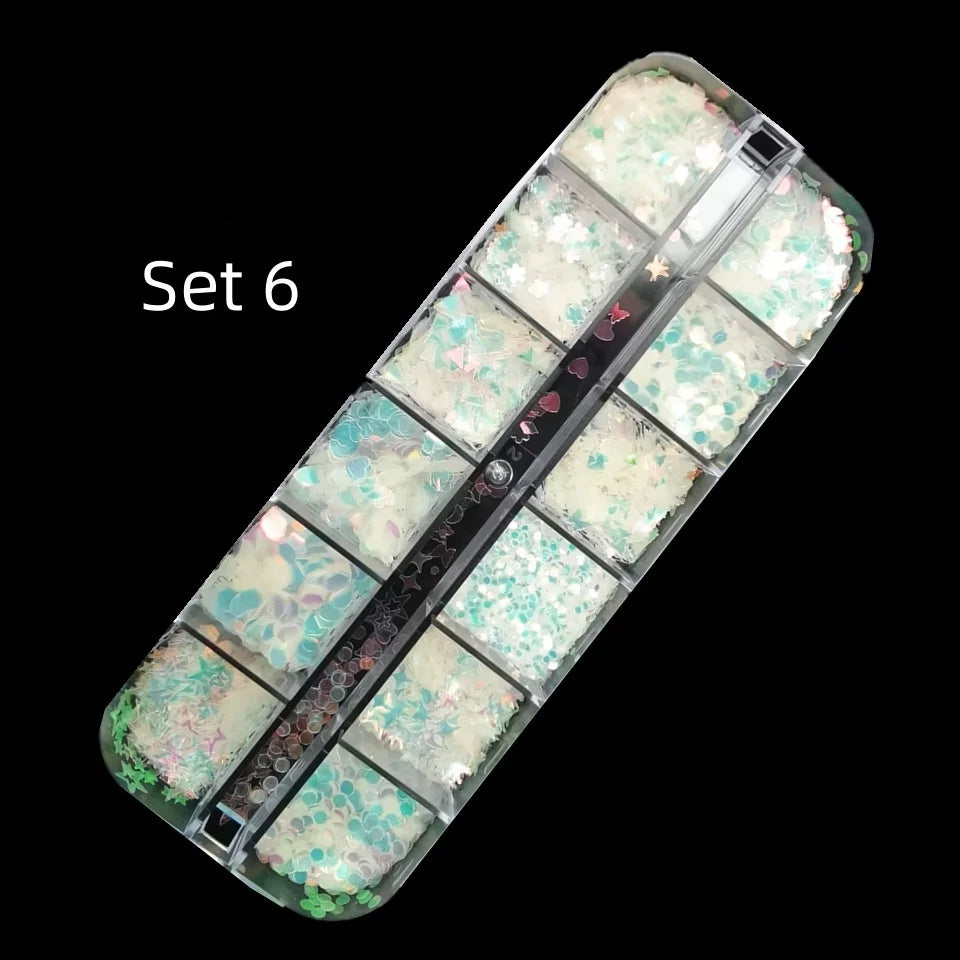 Luminous Nail Decoration Colourful Multi Shapes 12 Grid of Box Mixed Fluorescence Nail Stones Mermaid Glitter Star Heart Flower