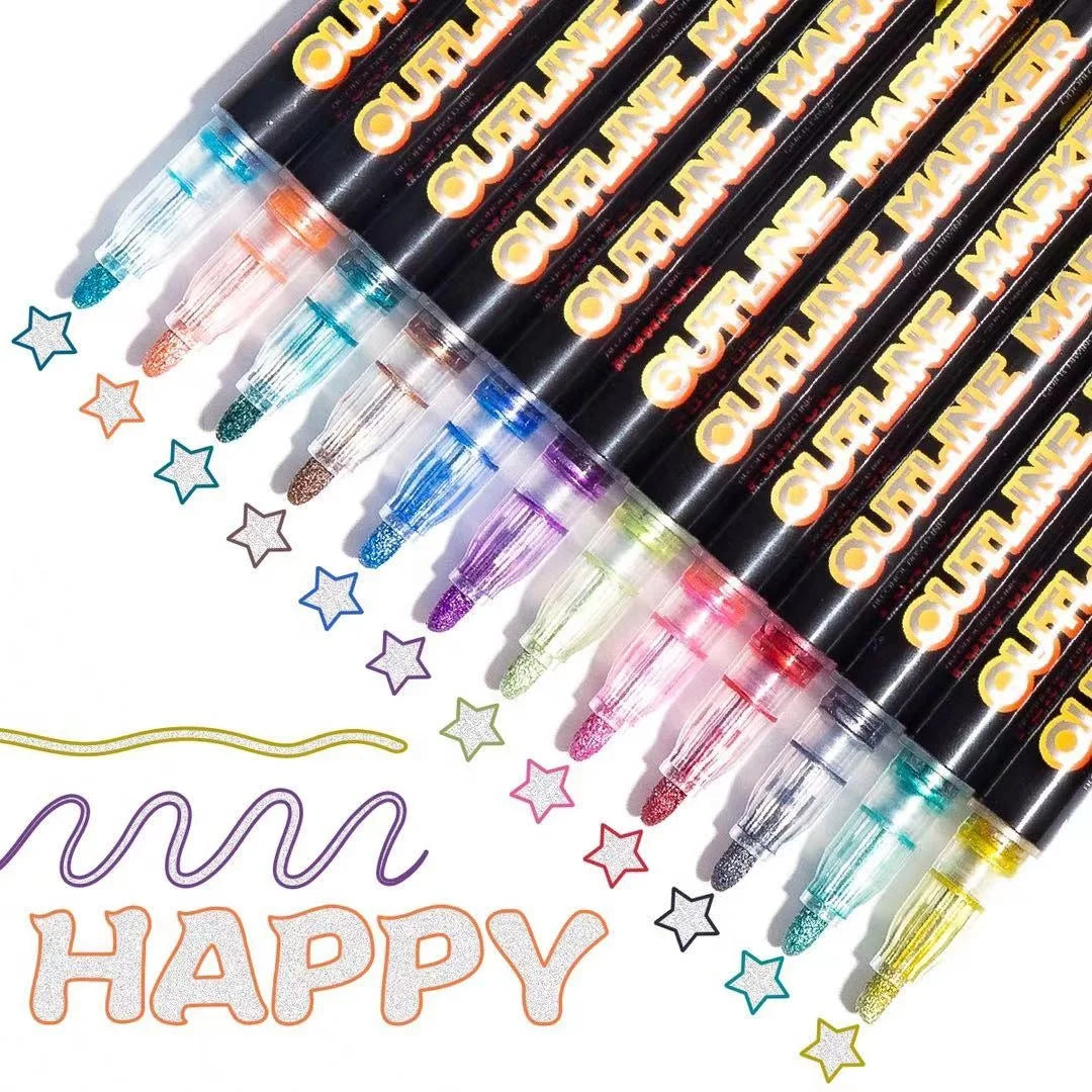 Magic Metallic Outline Marker Set Double Outlining Markers Set 12 Colors Pack