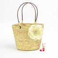 New Model Wholesale Summer Beach Round Shape Straw Tote Bag with Flower Decoration Top Handle Straw Woven Hand Bag for Vocation
