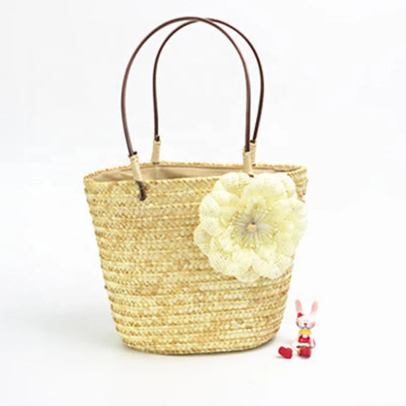 New Model Wholesale Summer Beach Round Shape Straw Tote Bag with Flower Decoration Top Handle Straw Woven Hand Bag for Vocation
