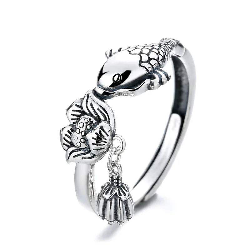 Light Luxury 925 Sterling Silver Koi Fish Lotus Flower Charm Design Finger Ring Women Rings Adjustable Jewelry