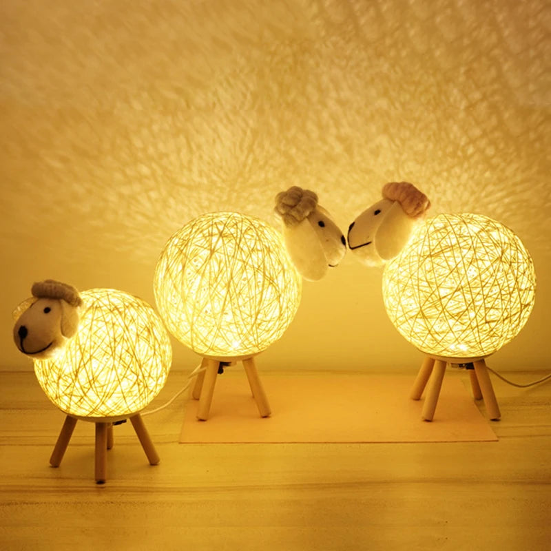 Lovely Gift Night Lamp Hand-woven Lampshade Moon Lamp Bedroom Bedside Decoration Sheep LED Night Light