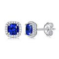 Luxury 925 Sterling Silver Earrings Blue Sapphire 6mm Cushion-Cut Halo Stud for Women Romantic Wedding and Party Jewelry