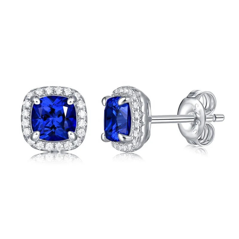 Luxury 925 Sterling Silver Earrings Blue Sapphire 6mm Cushion-Cut Halo Stud for Women Romantic Wedding and Party Jewelry