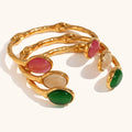 Dingran Vintage Fashion Bangle Gold Plated Open Cuff with Oval Natural Stone Tarnish Free