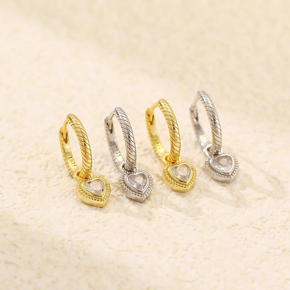 Fashion High Quality Jewelry 925 Sterling Silver Dangling Heart Diamond Cubic Zircon Gold Plated Hoop Earring Jewelry for Women