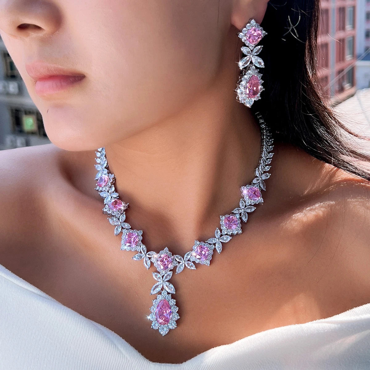 2024 Luxury Super Gorgeous Leaf Drop Pink Cubic Zirconia Dinner Wedding Bridal Necklace Earrings Top Jewelry Sets for Brides