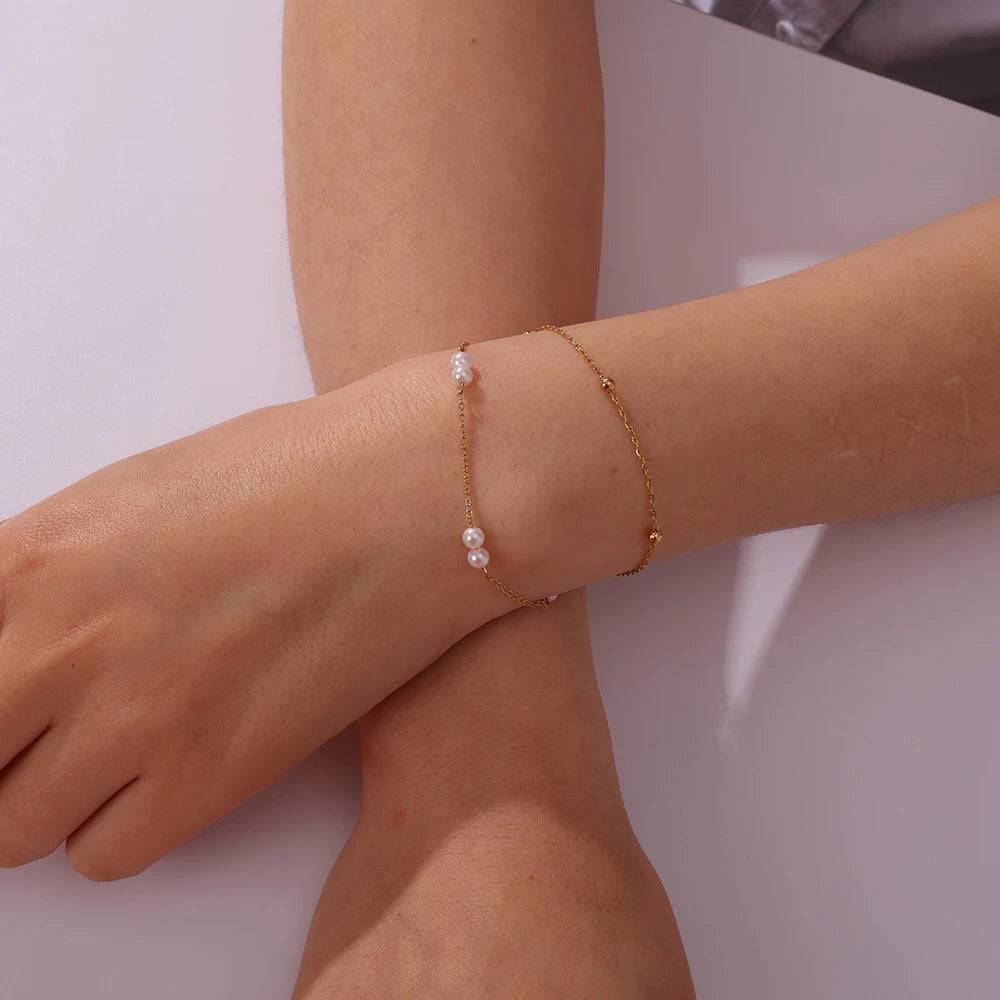 Beautiful Korean Style Fashion Double Layers Ball Beaded Chain Charms Shell Pearl Bracelets for Girls Summer Waterproof Jewelry