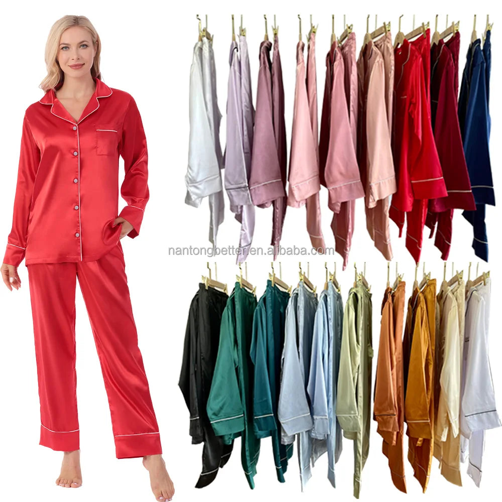 Wholesale for Christmas or Party Red Full Length Women Pyjama Silk Satin Women's Two Piece Set Pajamas Sleepwear MegaBDM