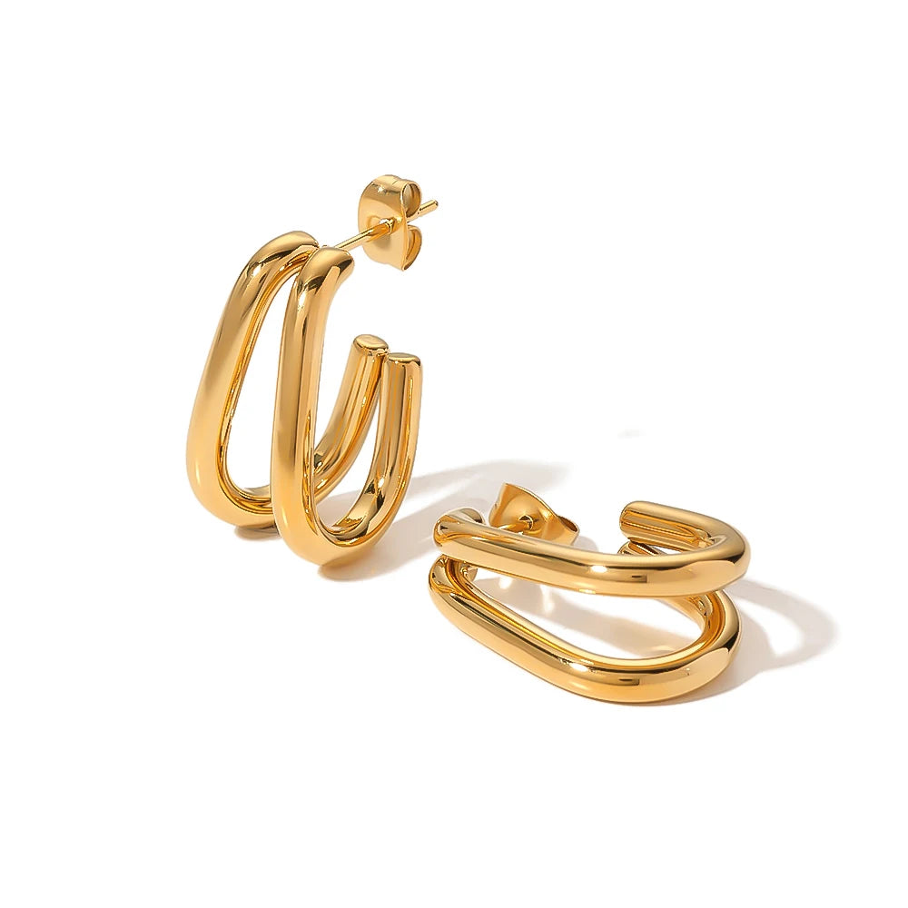 Boho 316L Stainless Steel 18K Gold Plated Double Lines Geometric U Shape Hoop Earrings Hypoallergenic Jewelry for Women