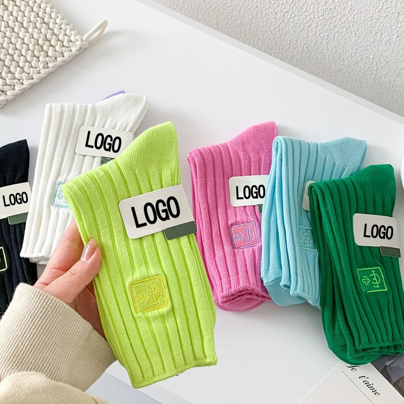 8 Colors Girl Street Cotton Solid Color Womens Ribbed Embroidery Socks