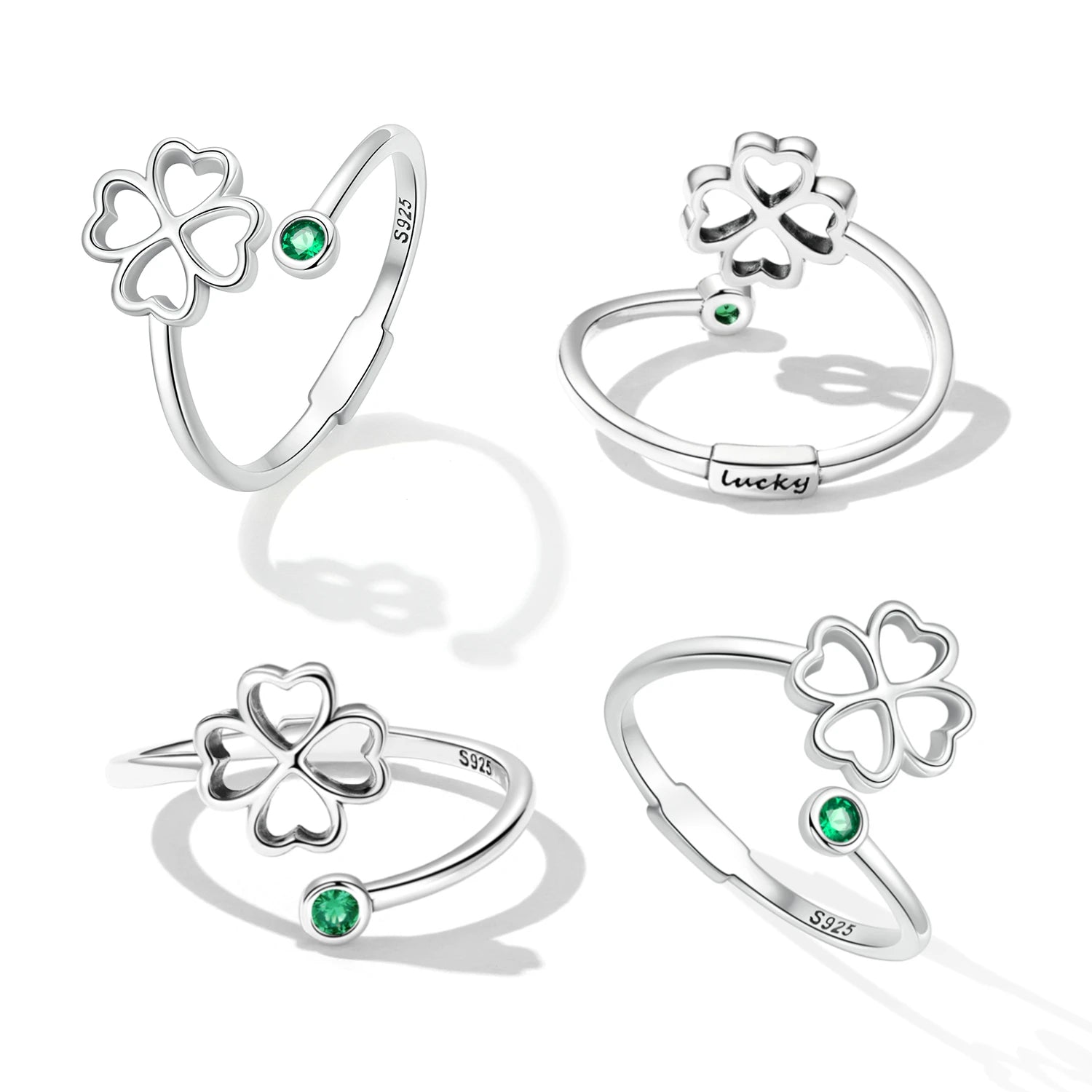 Hot Sale 925 Sterling Silver Heart Four Leaf Clover Leaf Adjustable Women's Jewelry Ring