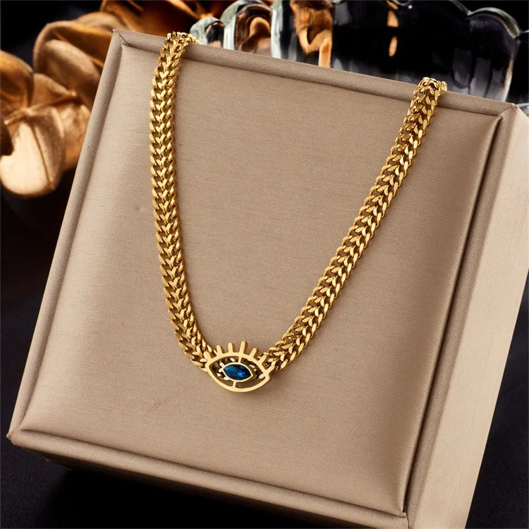 Wholesale Hip-Hop Boho Titanium Steel New Minimalist Personalized Hollowed Out Crystal Blue Eye Necklace