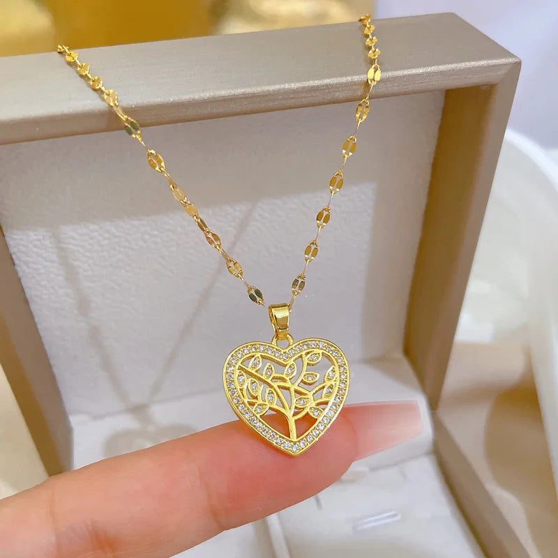 Valentine's Day Gold Plated Love Heart and Tree Necklace Stainless Steel Transfer Beads Zircon Heart Pendant Necklace for Girls