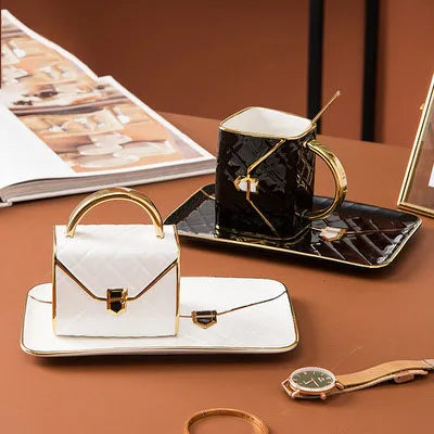Nordic Luxury Design Creative Bag Shape Ceramic Coffee Cup and Saucer Sets Sustainable Porcelain Mug Tazas for Home Use