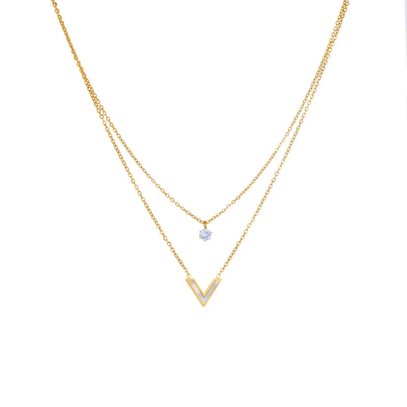 Fashion Jewelry Stainless Steel Gold Plated Choker Zircon CZ V Shape Pendant Trendy Layered Necklaces for Women