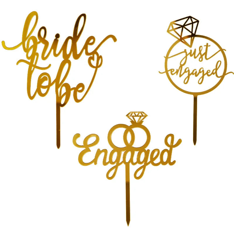 Factory Wholesale Cake Ornaments Valentine's Day Gold Acrylic Cake Topper Letter Bride to Be Diamond Ring Shape Accessory Gateau